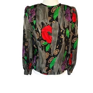 Nicola Vintage 80s Black Gold Abstract Floral Top Blouse Puff Long Sleeve 6